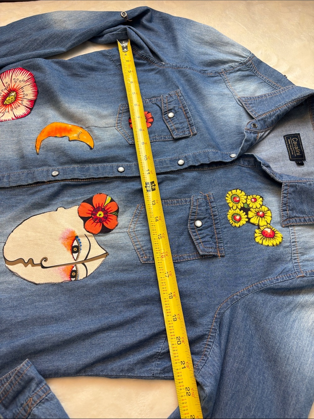 Women's Cavalini Denim Shirt with Multicolor Motifs- Sassy! Size Large - Picture 12 of 14